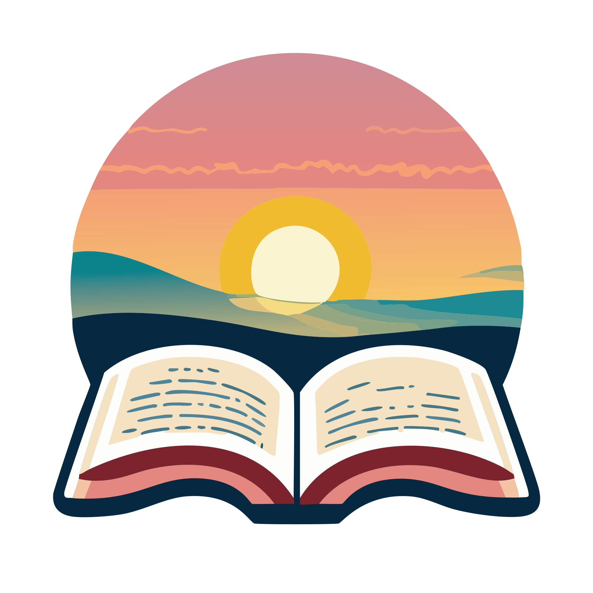 a open bible with a pink and blue sunrise in the background