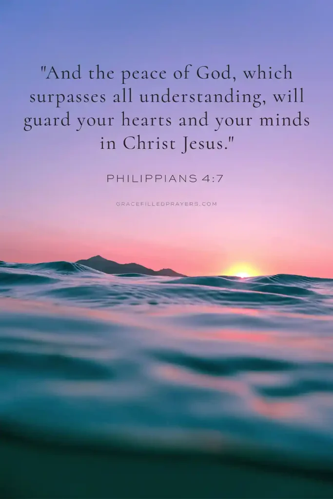 Pink sunset and ocean with the bible verse overlay saying And the peace of God, which surpasses all understanding, will guard your hearts and your minds in Christ Jesus. - Philippians 4:7
