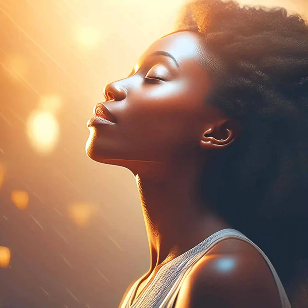 A peaceful woman stands with eyes closed and face lifted, bathed in golden light, embodying a moment of healing, stillness, and spiritual surrender. Christian Prayer for Healing