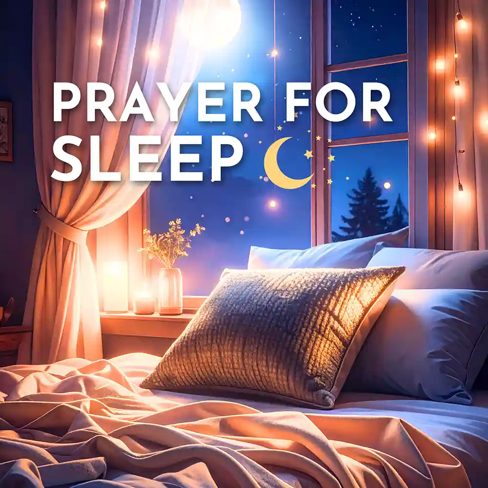 Square Christian graphic of a cozy nighttime bedroom with glowing lights, candles, and the text “Prayer for Sleep” with a crescent moon and stars — shared by Grace Filled Prayers. Bedtime Christian Prayer