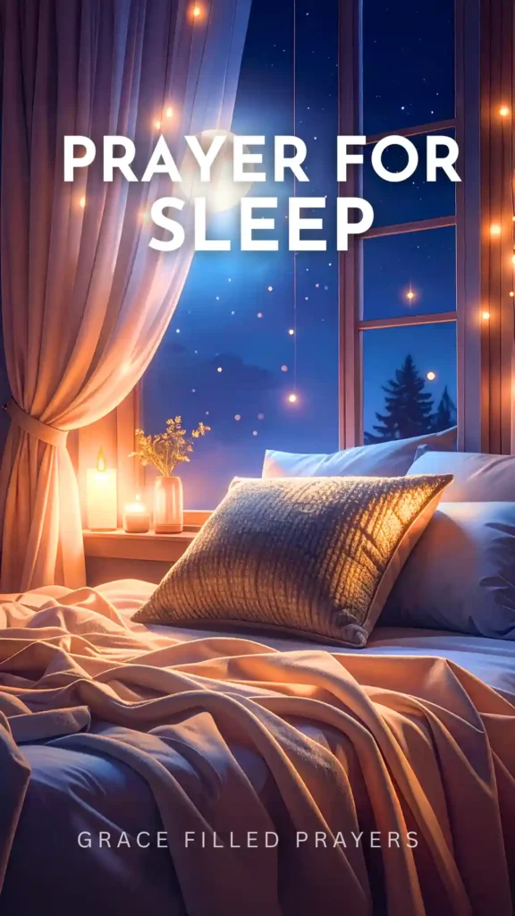 A cozy bedroom at night with soft lighting, glowing candles, and the words "Prayer for Sleep" displayed above the bed — a peaceful Christian image from Grace Filled Prayers.