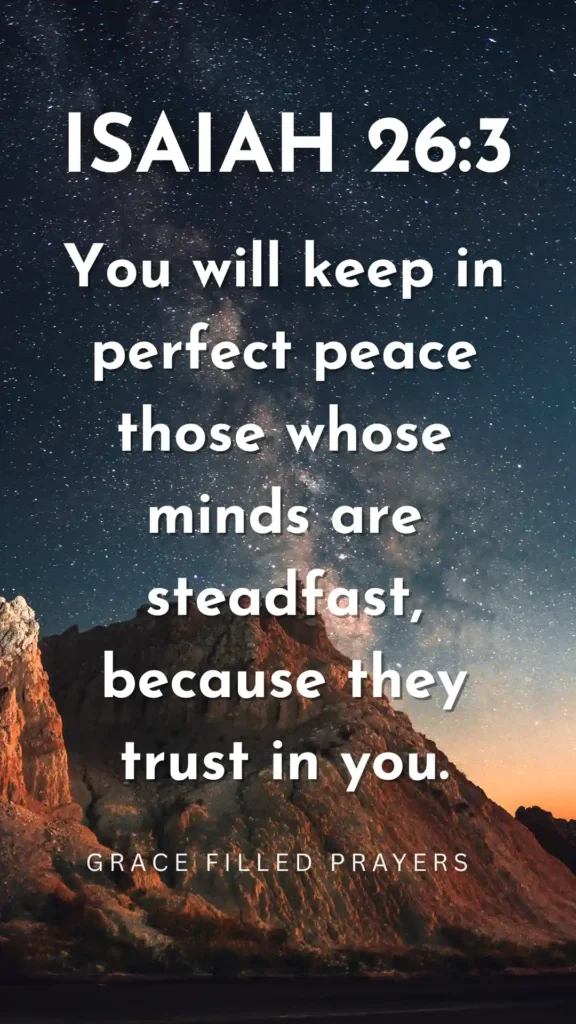 Bible verse Isaiah 26:3 displayed over a night sky with stars and a desert mountain backdrop, reading: “You will keep in perfect peace those whose minds are steadfast, because they trust in you.”