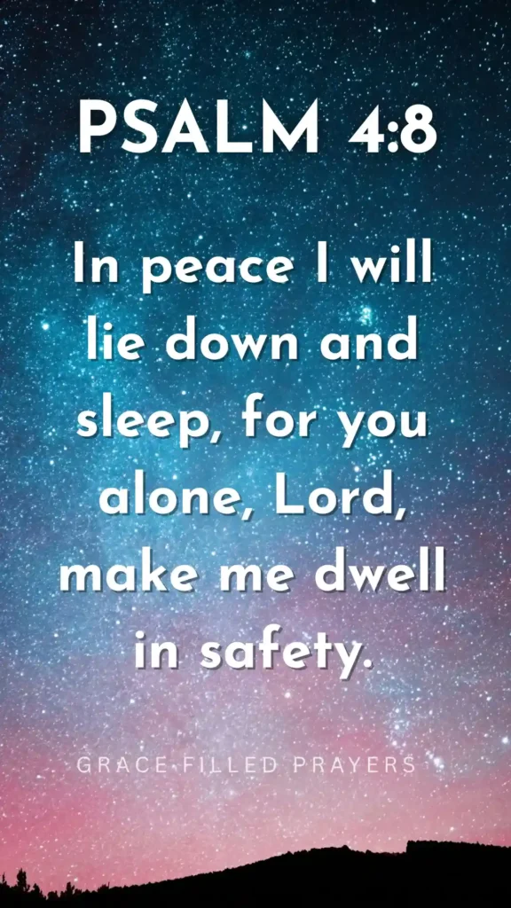 Peaceful night sky with stars and the scripture from Psalm 4:8: “In peace I will lie down and sleep, for you alone, Lord, make me dwell in safety.” A comforting Bible verse for bedtime, shared by Grace Filled Prayers.